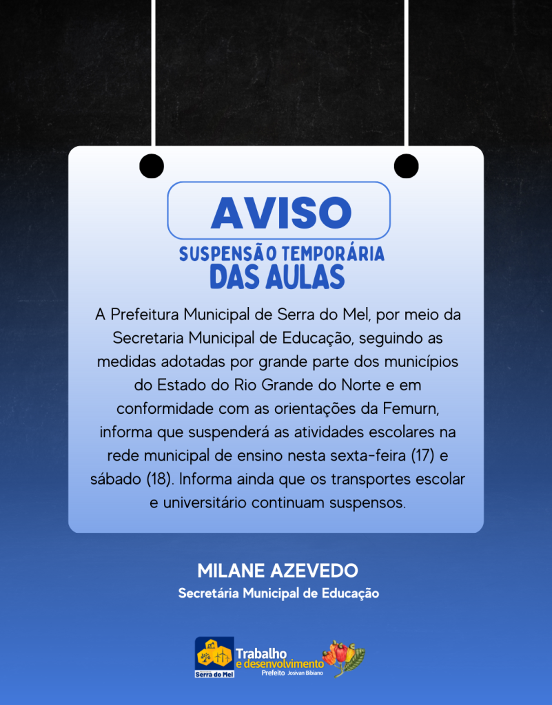 Aulas na rede municipal de Serra do Mel continuam suspensas temporariamente 