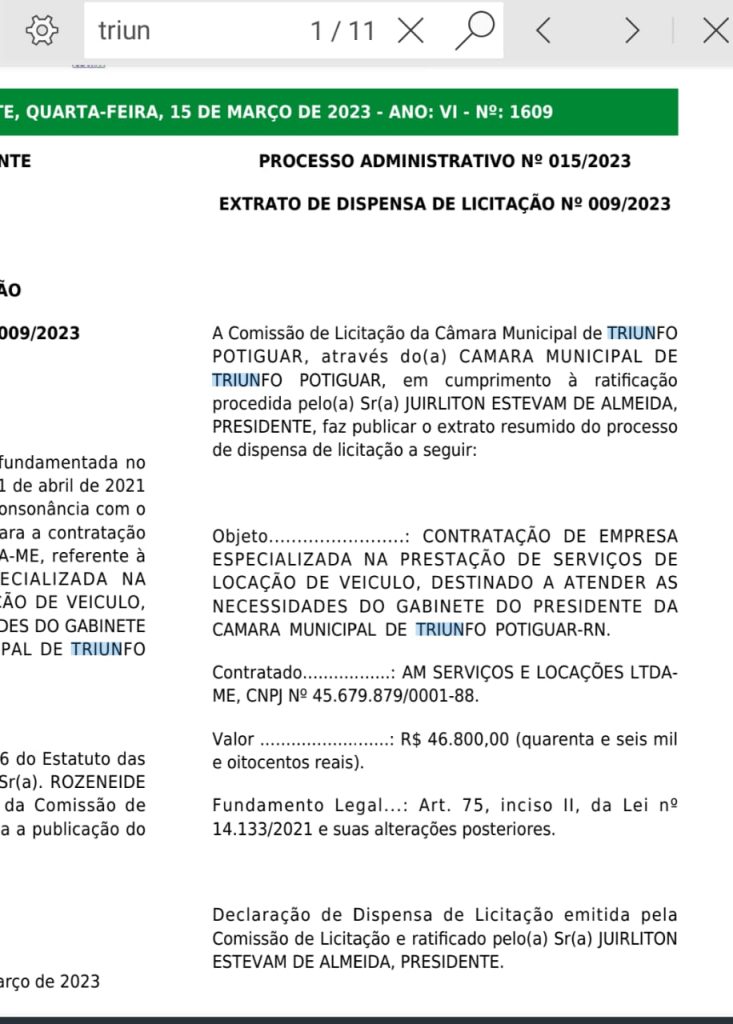 Câmara municipal de Triunfo Potiguar, vai torrar quase 50 mil reais com aluguel de carros.