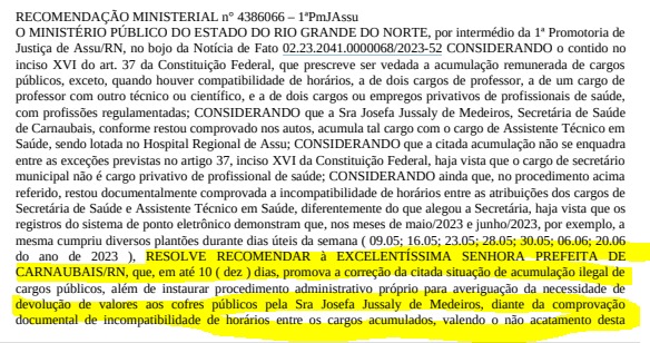 MINISTERIO PUBLICO RECOMENDA PREFEITA MARINEIDE RESOLVER IRREGULARIDADE DA VEREADORA NENEN.