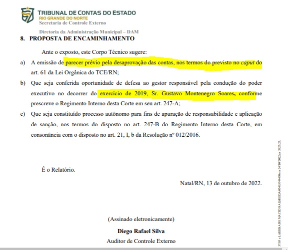 ASSÚ: AUDITORIA DO TCE PEDE DESAPROVAÇÃO DAS CONTAS DO PREFEITO GUSTAVO.